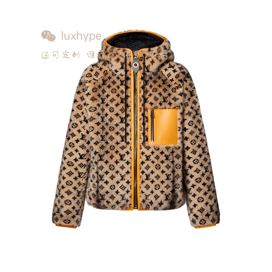 LOUIS VUITTON LV 1ABSUN MONOGRAM 皮革饰边水貂毛夹克