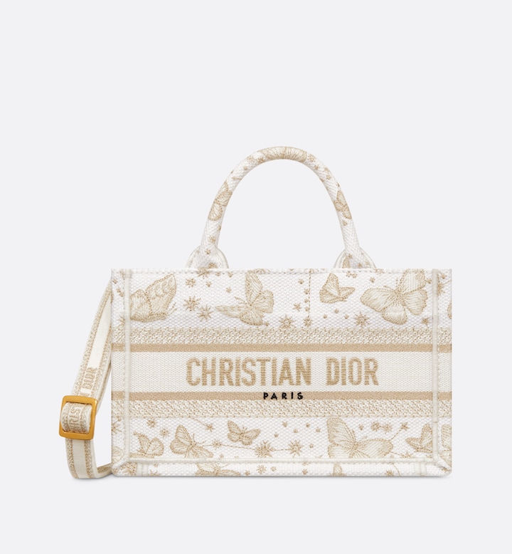 Dior 迪奥 S5573CESU_M01E 迷你 Book Tote 手袋 白色面料金色调 Butterfly Zodiac 图案刺绣 (21.5 x 13 x 7.5 cm)